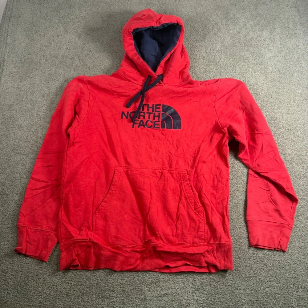 The North Face Mens Red Pullover Hoodie Navy Blue Logo Sweatshirt Size L